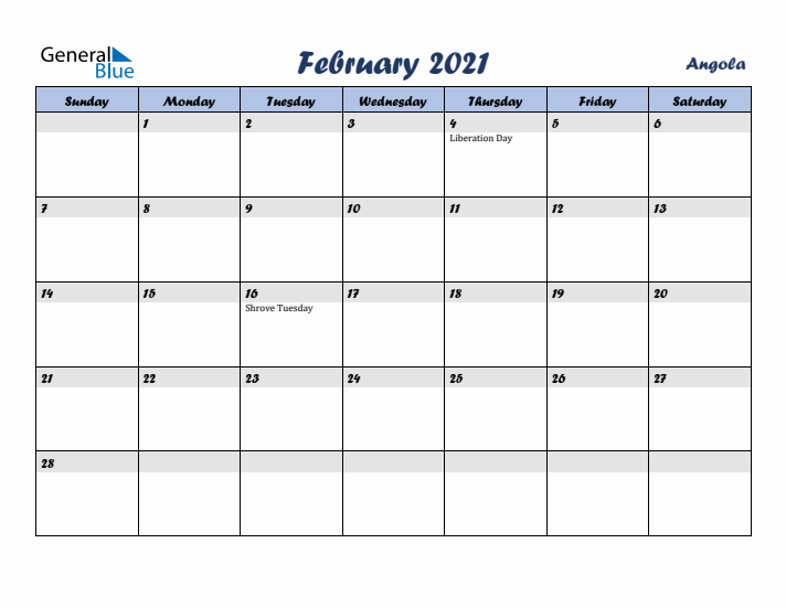 February 2021 Calendar with Holidays in Angola