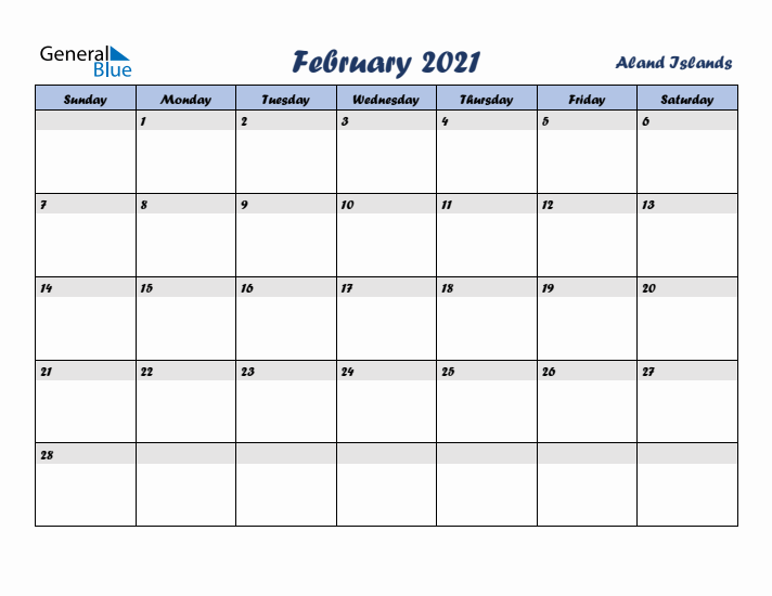 February 2021 Calendar with Holidays in Aland Islands