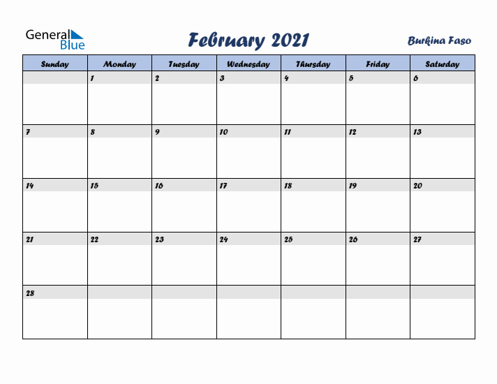 February 2021 Calendar with Holidays in Burkina Faso