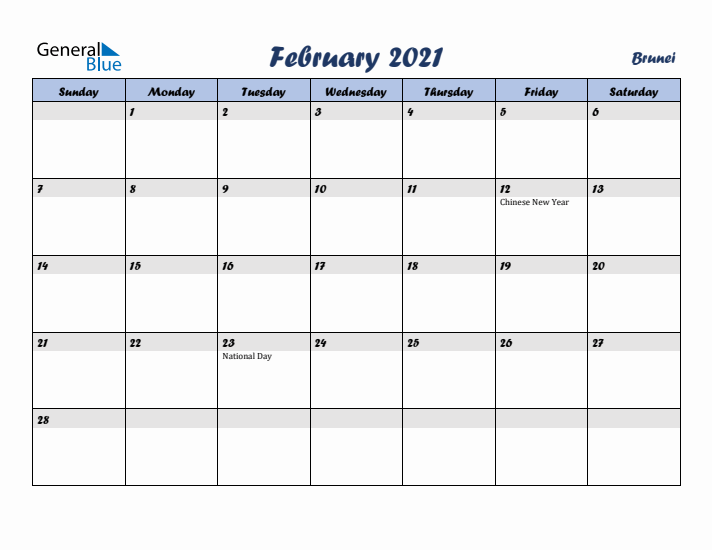 February 2021 Calendar with Holidays in Brunei