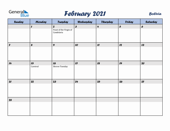 February 2021 Calendar with Holidays in Bolivia