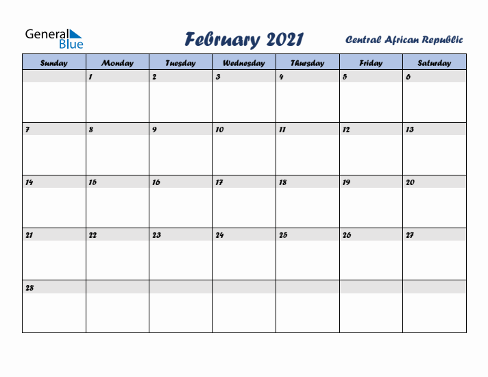 February 2021 Calendar with Holidays in Central African Republic