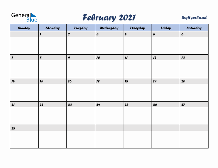 February 2021 Calendar with Holidays in Switzerland