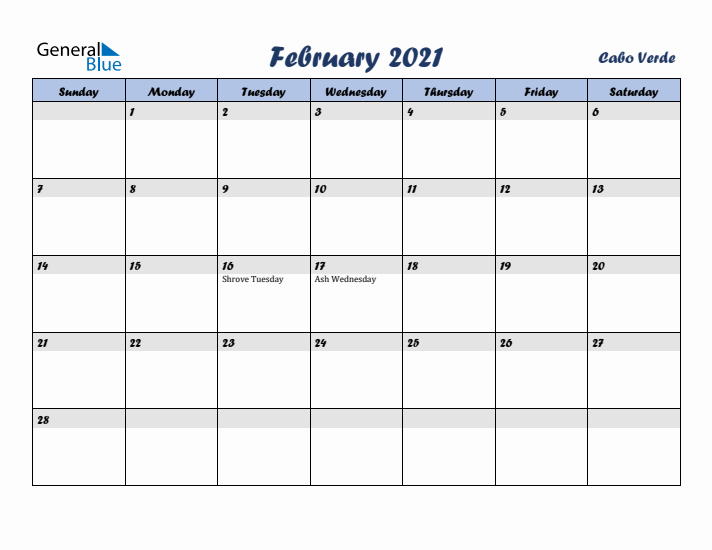 February 2021 Calendar with Holidays in Cabo Verde