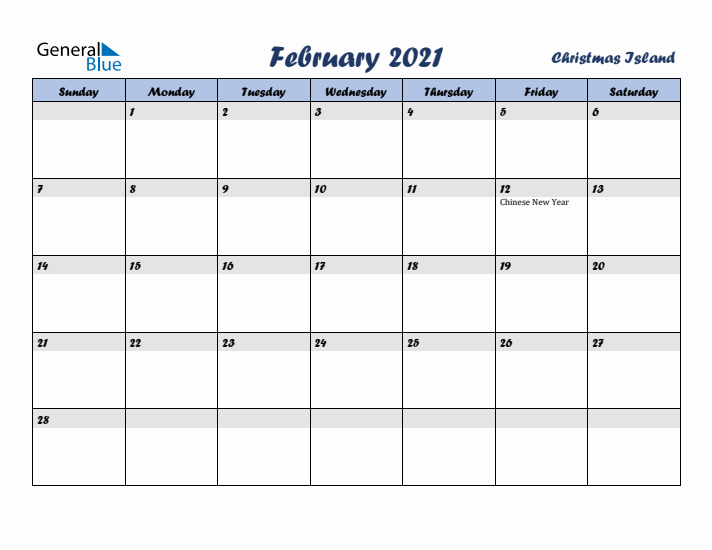 February 2021 Calendar with Holidays in Christmas Island