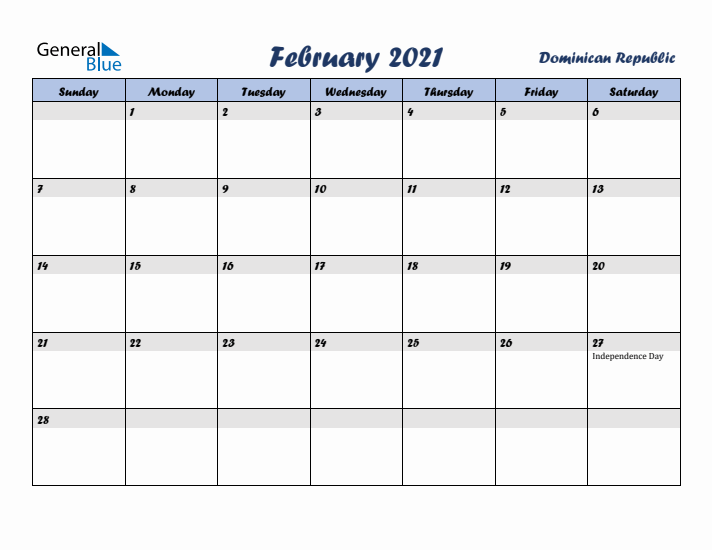 February 2021 Calendar with Holidays in Dominican Republic