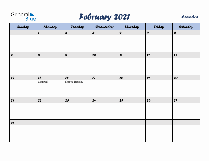 February 2021 Calendar with Holidays in Ecuador