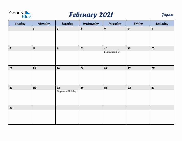 February 2021 Calendar with Holidays in Japan