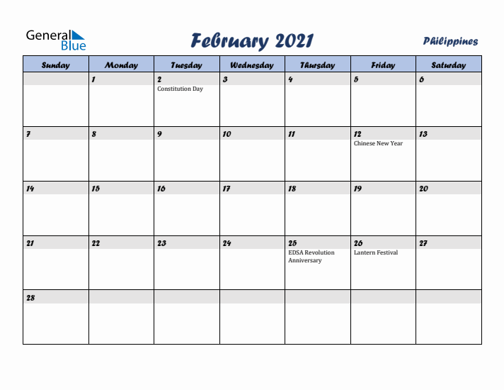 February 2021 Calendar with Holidays in Philippines