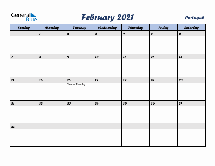 February 2021 Calendar with Holidays in Portugal