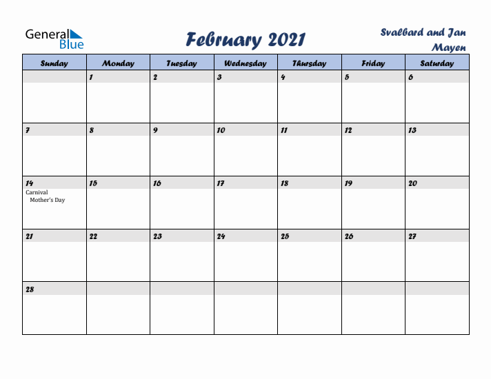 February 2021 Calendar with Holidays in Svalbard and Jan Mayen