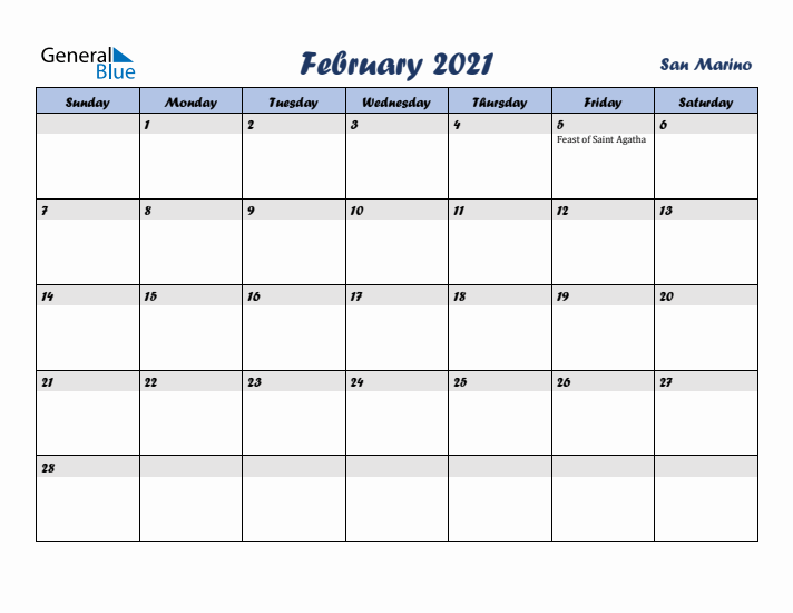 February 2021 Calendar with Holidays in San Marino