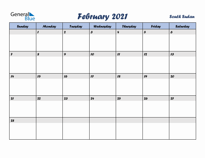 February 2021 Calendar with Holidays in South Sudan