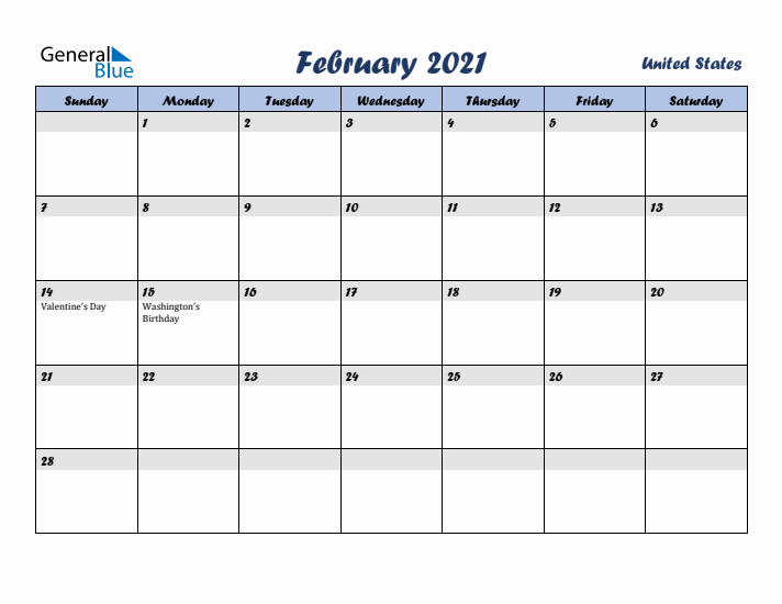 February 2021 Calendar with Holidays in United States