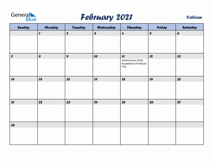 February 2021 Calendar with Holidays in Vatican