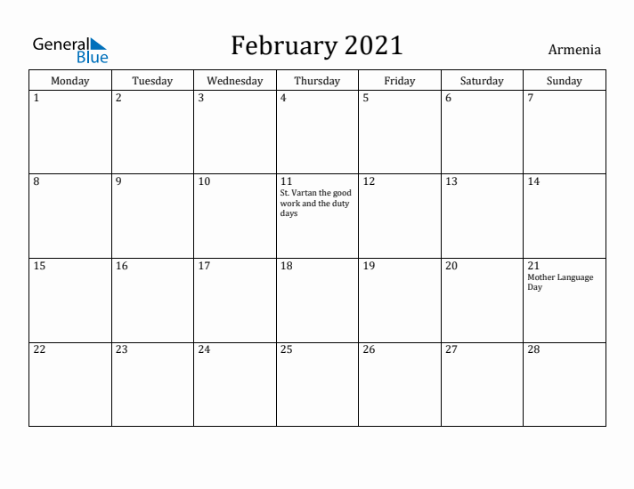 February 2021 Calendar Armenia