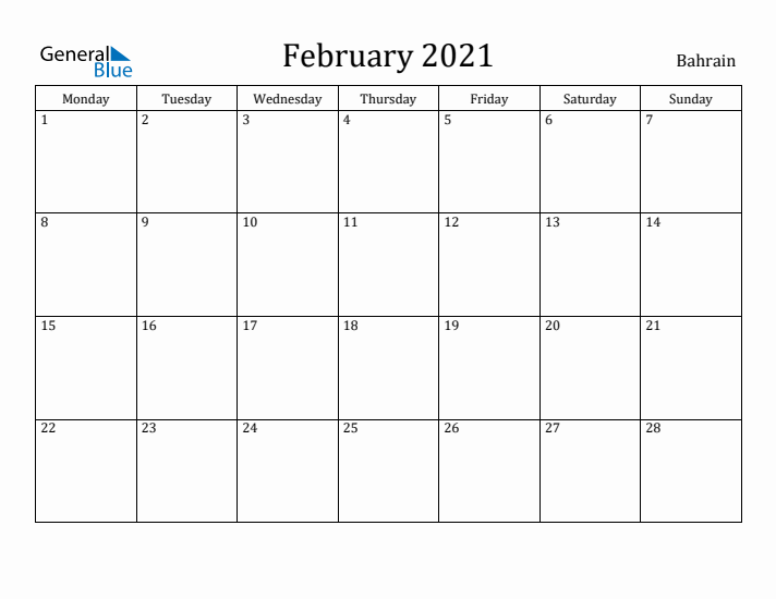 February 2021 Calendar Bahrain