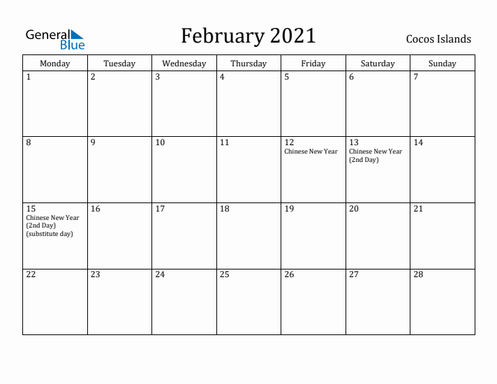 February 2021 Calendar Cocos Islands