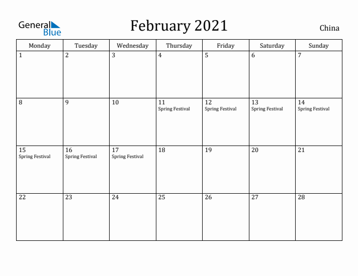 February 2021 Calendar China