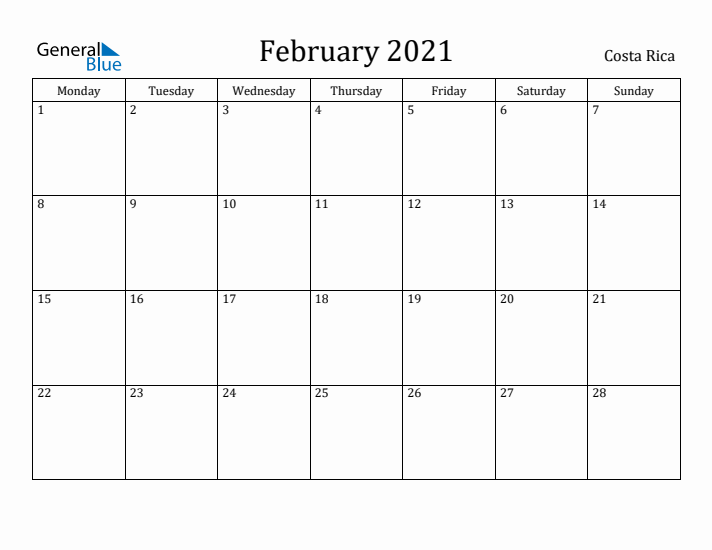 February 2021 Calendar Costa Rica