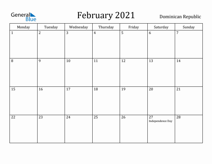 February 2021 Calendar Dominican Republic