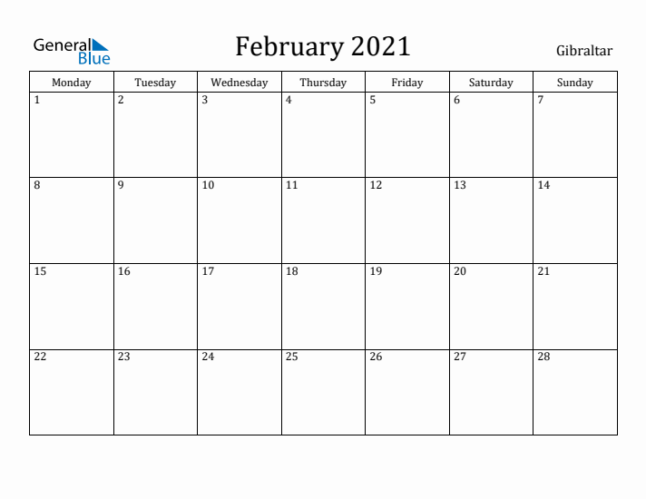 February 2021 Calendar Gibraltar