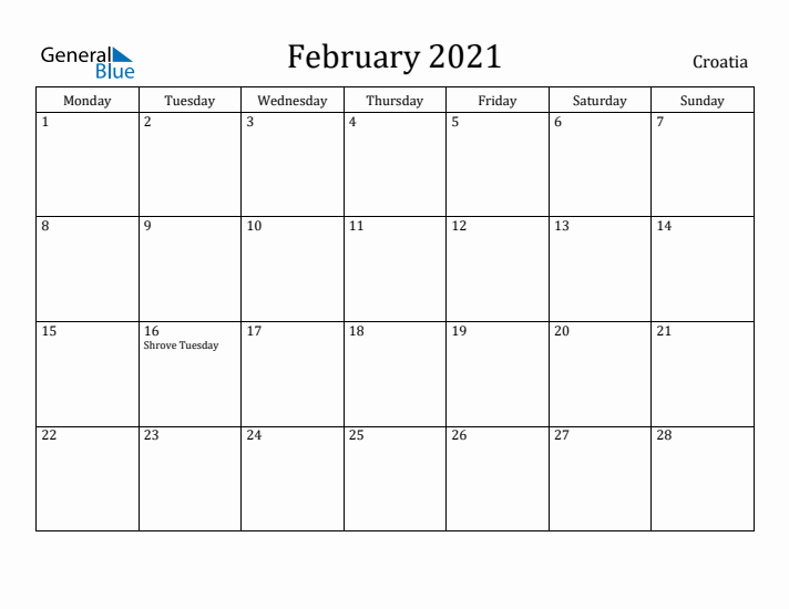 February 2021 Calendar Croatia