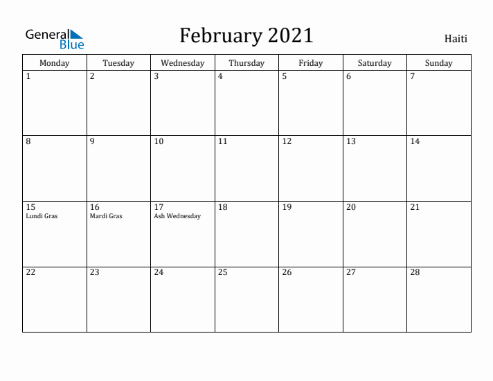 February 2021 Calendar Haiti