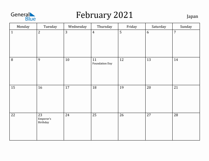 February 2021 Calendar Japan