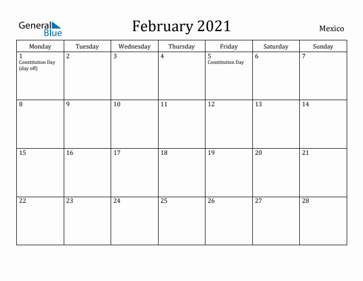 February 2021 Calendar Mexico