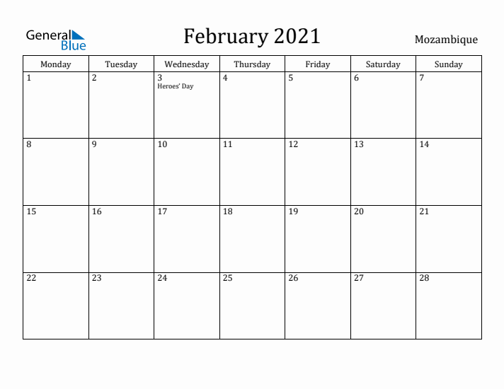 February 2021 Calendar Mozambique