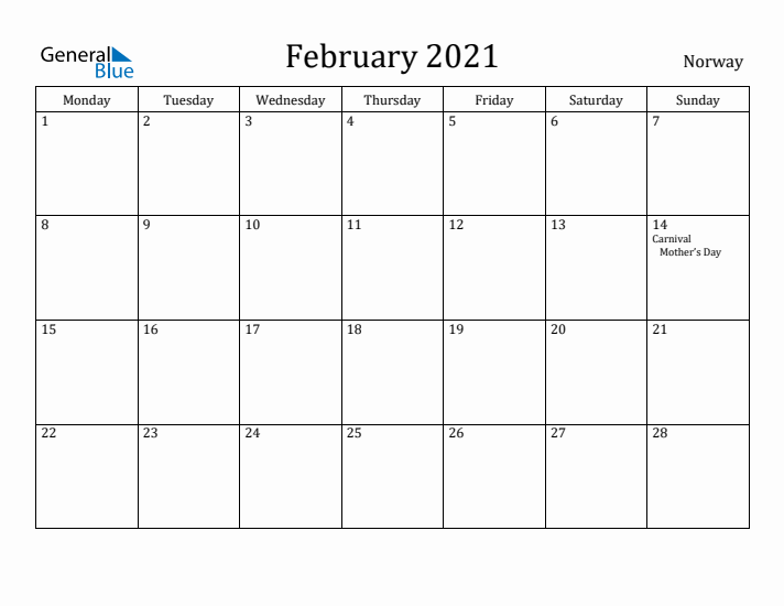 February 2021 Calendar Norway