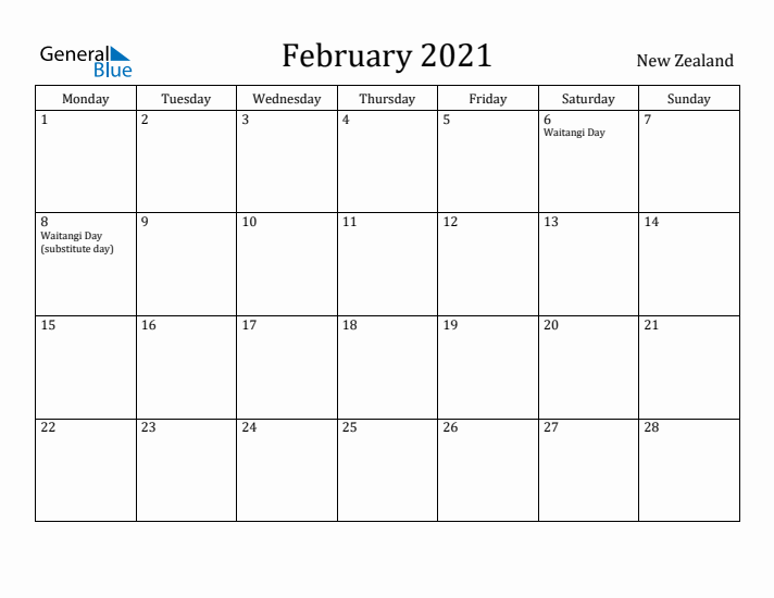 February 2021 Calendar New Zealand