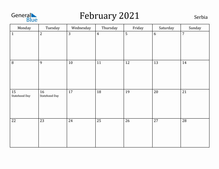 February 2021 Calendar Serbia