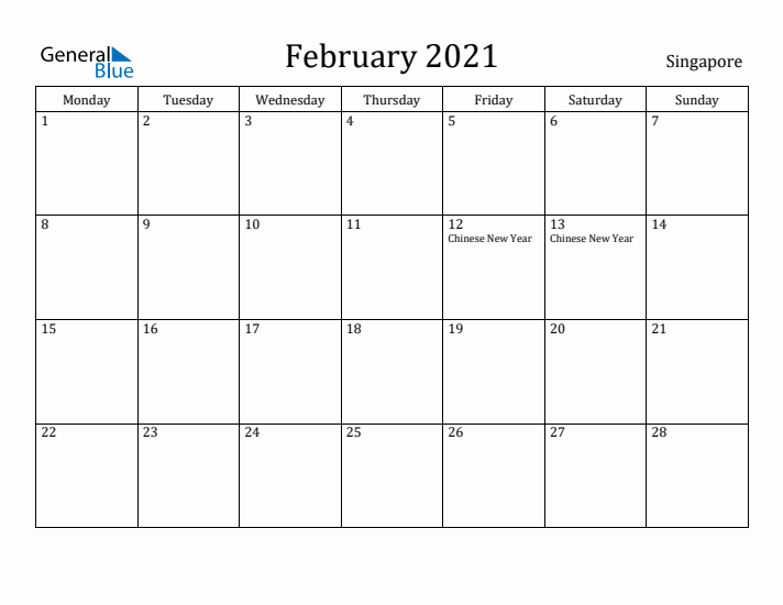 February 2021 Calendar Singapore