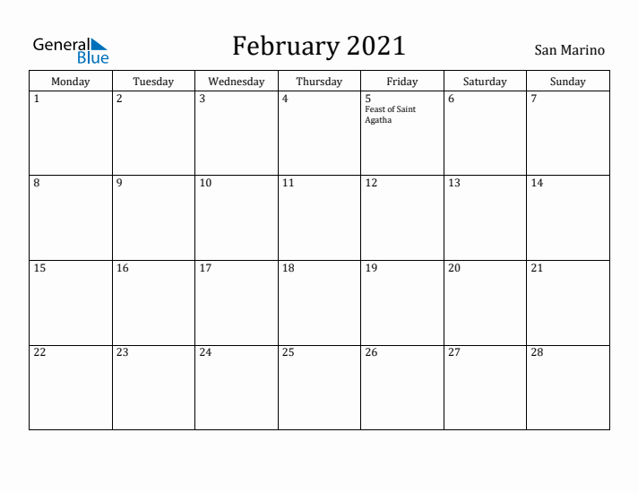 February 2021 Calendar San Marino