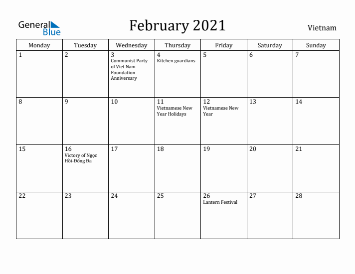 February 2021 Calendar Vietnam