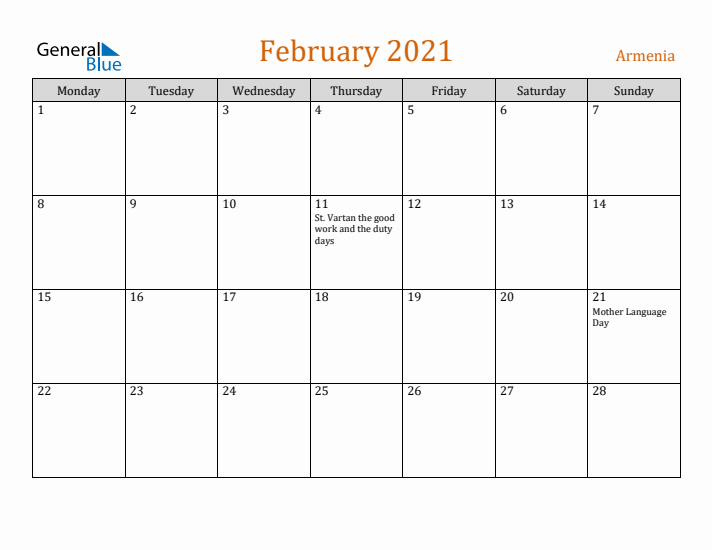 February 2021 Holiday Calendar with Monday Start