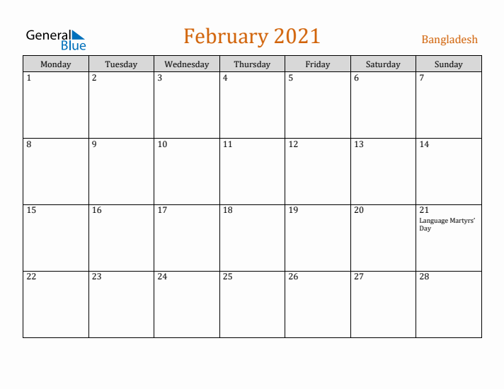 February 2021 Holiday Calendar with Monday Start