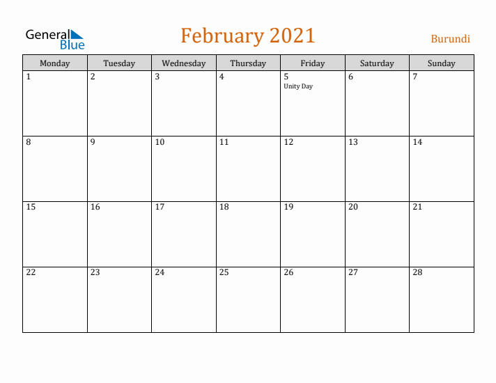 February 2021 Holiday Calendar with Monday Start