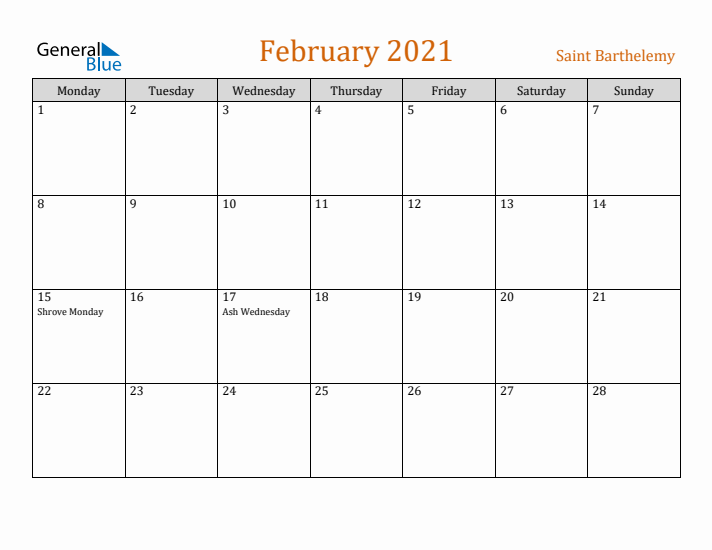 February 2021 Holiday Calendar with Monday Start