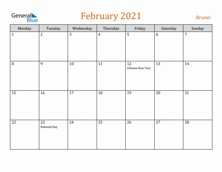 February 2021 Holiday Calendar with Monday Start