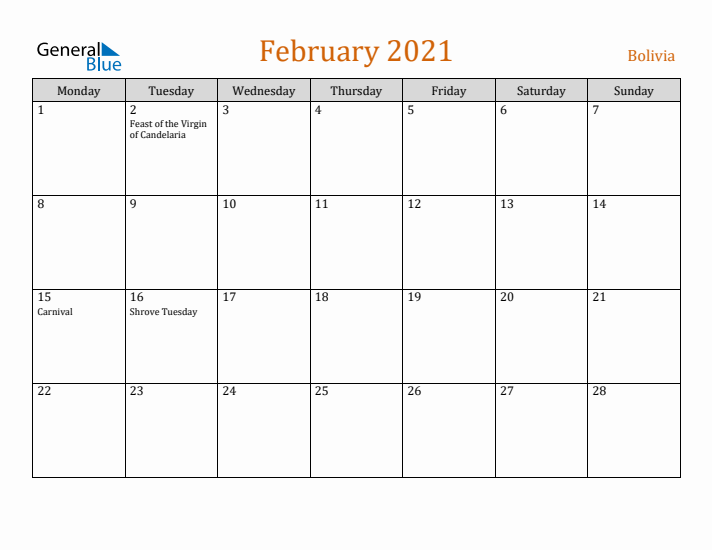 February 2021 Holiday Calendar with Monday Start