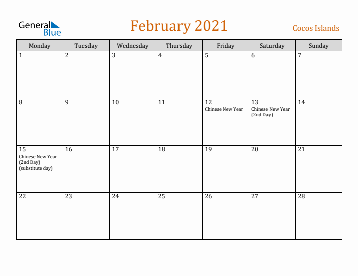 February 2021 Holiday Calendar with Monday Start