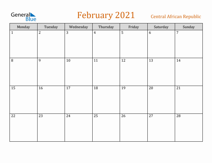 February 2021 Holiday Calendar with Monday Start