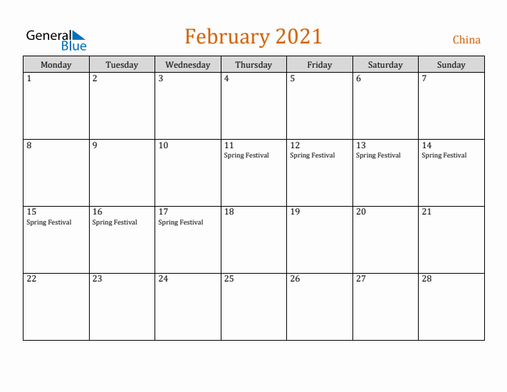 February 2021 Holiday Calendar with Monday Start