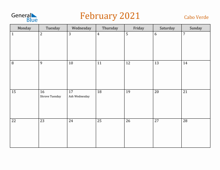 February 2021 Holiday Calendar with Monday Start