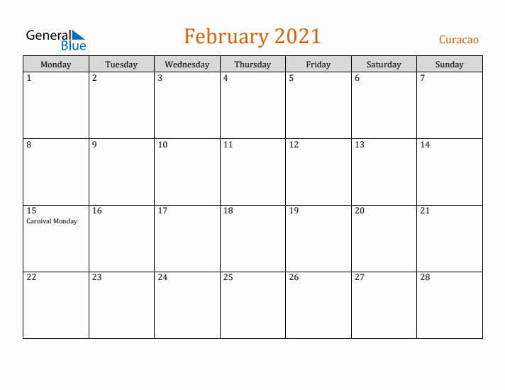 February 2021 Holiday Calendar with Monday Start