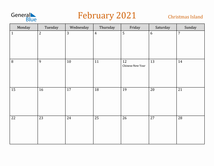 February 2021 Holiday Calendar with Monday Start