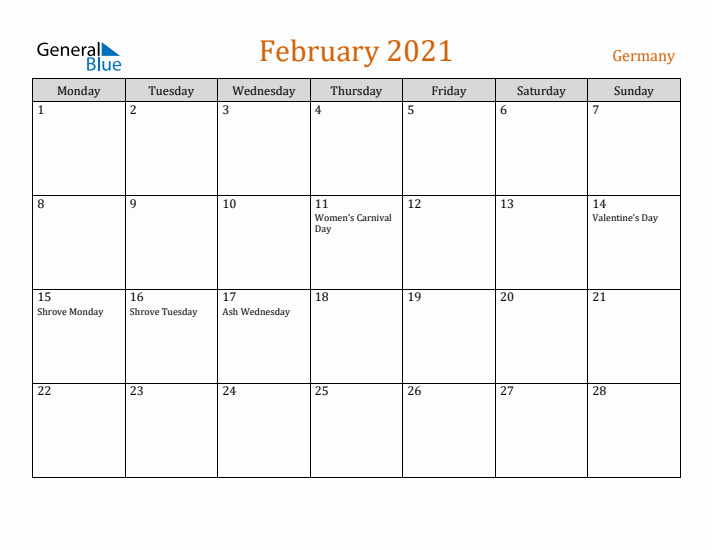 February 2021 Holiday Calendar with Monday Start